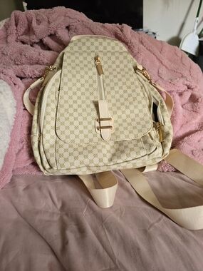 SHEIN Cream Monogram Backpack with Gold Hardware